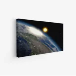 لوحة كوكب الأرض مع شمس ساطعة، ألوان زرقاء وخضراء، جو فضائي مدهش، مناظر طبيعية، لوحات فنية عصرية، لوحات جدارية للمنزل.