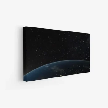لوحة فضاء ليلي مع كوكب وأضواء مدن، ألوان داكنة وزرقة، جو هادئ وغامض، مناظر طبيعية، لوحات فنية عصرية، لوحات جدارية للمنزل.