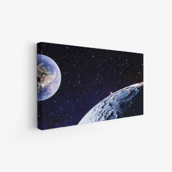 لوحة فضاء كوني تتضمن كوكب الأرض والقمر في خلفية مظلمة مليئة بالنجوم، مناظر طبيعية، لوحات فنية عصرية، لوحات جدارية للمنزل، لوحات مودرن.