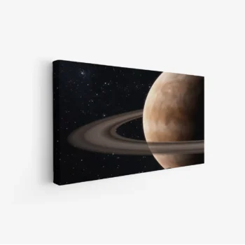 لوحة كواكب فضائية بتفاصيل دقيقة، ألوان داكنة مع كوكب محاط بحلقات، جو غامض وكوني، مناظر طبيعية، لوحات جدارية أنيقة، لوحات فنية عصرية.