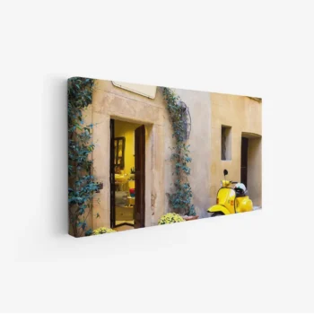 لوحة منازل - دراجة صفراء - جدران حجرية - مشمس - لوحات فن عصري - لوحات كانفاس