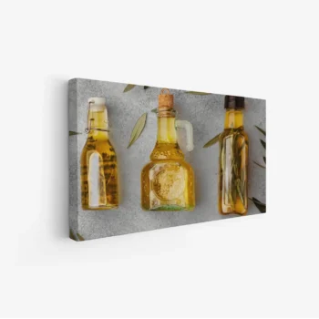 لوحة زيوت - زجاجات زيت - خلفية رمادية - دافئ - لوحات فنية مودرن - لوحات كانفاس