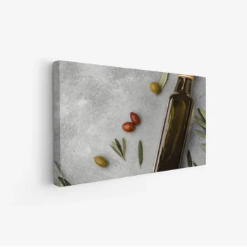 لوحة طعام - زجاجة زيت - خلفية رمادية - هادئ - لوحات جدارية - لوحات كانفاس
