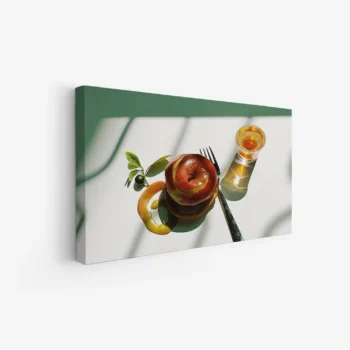 لوحة طعام - تفاح وشراب - ألوان دافئة - مشمس - لوحات فنية مودرن - لوحات كانفاس