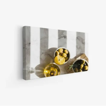 لوحة طبيعة هادئة - فواكه وزيت زيتون - ألوان دافئة - مريح - لوحات طبيعة - لوحات كانفاس