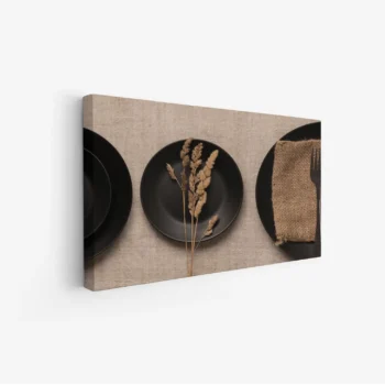 لوحة طعام - أطباق سوداء - ألوان دافئة - هادئ - لوحات فنية مودرن - لوحات كانفاس