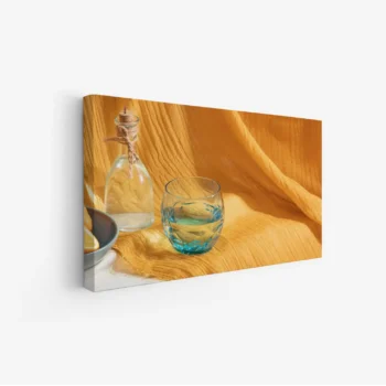 لوحة طبيعة هادئة - زجاجة وماء - خلفية صفراء دافئة - مريح - لوحات طبيعة - لوحات كانفاس