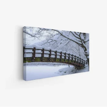 لوحة طبيعة هادئة - جسر خشبي - ثلوج بيضاء - هادئ - لوحات طبيعة - لوحات كانفاس