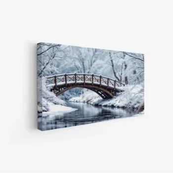 لوحة طبيعة هادئة - جسر خشبي - ثلوج بيضاء - هادئ - لوحات طبيعة - لوحات كانفاس