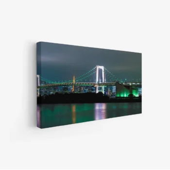 لوحة منظر ليلي - جسر مضاء - أضواء ملونة - درامي - لوحات مناظر طبيعية - لوحات كانفاس