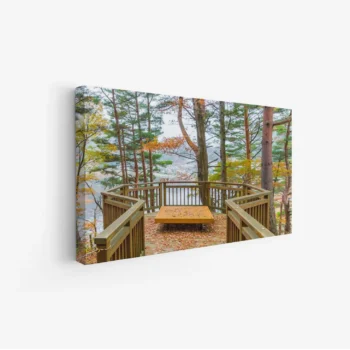 لوحة طبيعة هادئة - منصة خشبية بين الأشجار - ألوان دافئة - هادئ - لوحات طبيعة - لوحات كانفاس