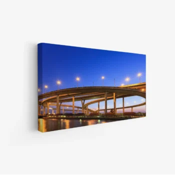 لوحة منظر ليلي - جسر مع إضاءة - سماء زرقاء - هادئ - لوحات فن عصري - لوحات كانفاس