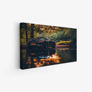 لوحة سيارات - سيارة سوداء - انعكاس في الماء - دافئ - لوحات فنية مودرن - لوحات كانفاس