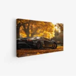 لوحة سيارات - سيارة رياضية سوداء - أوراق شجر صفراء - دافئ - لوحات فن عصري - لوحات كانفاس