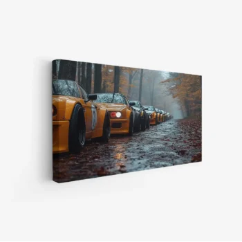 لوحة سيارات - صف سيارات صفراء - غابة ضبابية - غامض - لوحات فنية مودرن - لوحات كانفاس