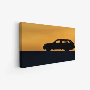 لوحة سيارات - سيارة في الغروب - سماء برتقالية وسوداء - درامي - لوحات فنية مودرن - لوحات كانفاس
