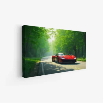 لوحة سيارات - سيارة حمراء - طريق محاط بالأشجار - مشمس - لوحات فن عصري - لوحات كانفاس