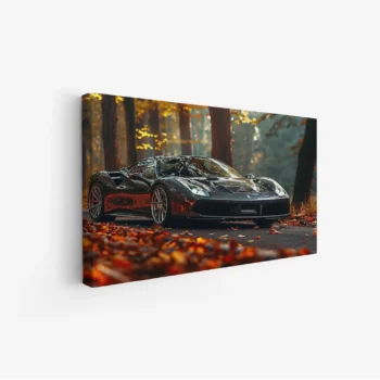 لوحة سيارات - سيارة رياضية سوداء - أشجار خريفية - دافئ - لوحات فنية مودرن - لوحات كانفاس