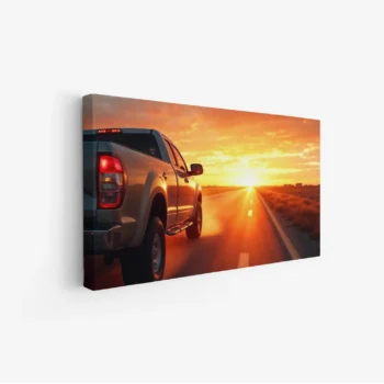 لوحة سيارات - شاحنة على الطريق - غروب الشمس - دافئ - لوحات فنية مودرن - لوحات كانفاس