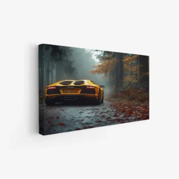 لوحة سيارات - سيارة رياضية صفراء - غابة ضبابية - غامض - لوحات فنية مودرن - لوحات كانفاس